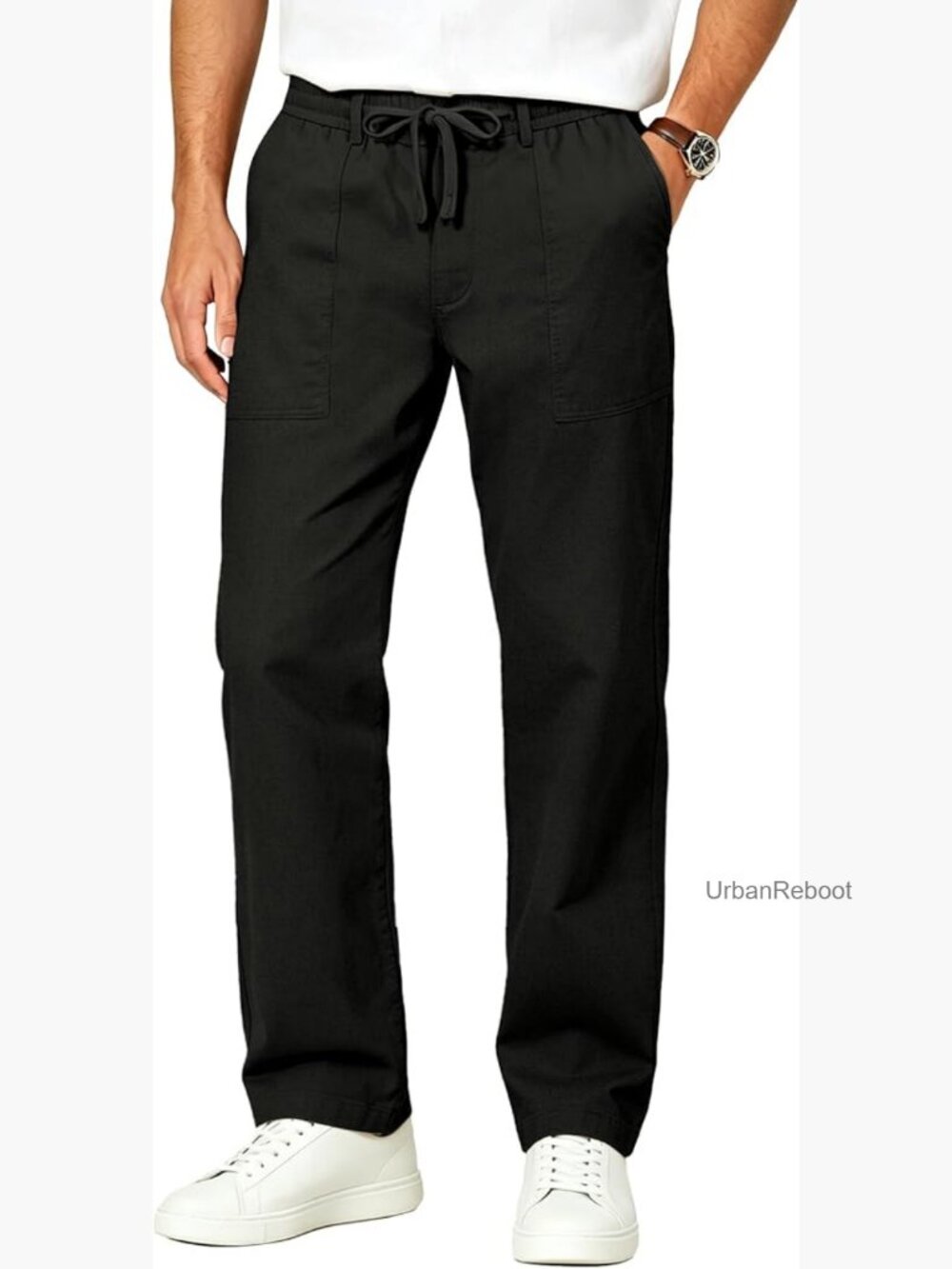 Linen Pants Mens Casual Elastic Waist Drawstring Pants 4 Pockets